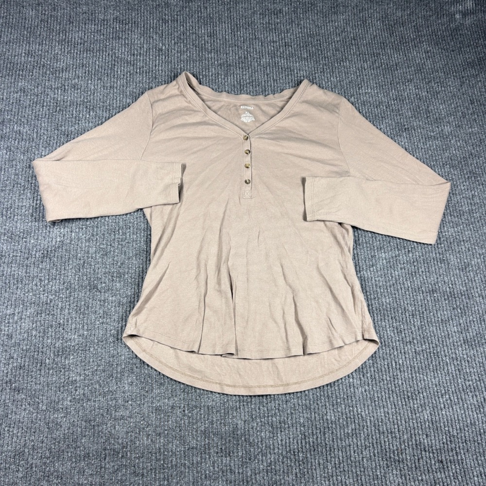 Sonoma Goods For Life Shirt Womens XL Tan Ribbed Henley Long Sleeve V-Neck